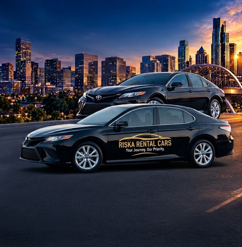 Black Toyota Camry with Riska Rental Cars door logo parked against the Denver city skyline at dusk