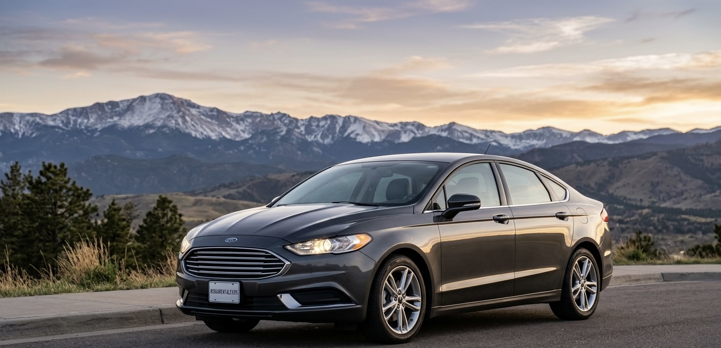 White Ford Fusion parked on a Colorado mountain road at golden hour